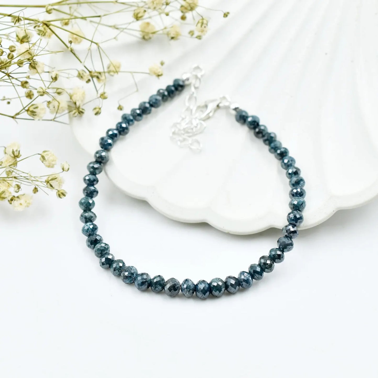 Blue Diamond Bracelet 3.5 - 4.5 mm Faceted Rondelle Diamond Beads 925 Sterling Silver Bracelet
