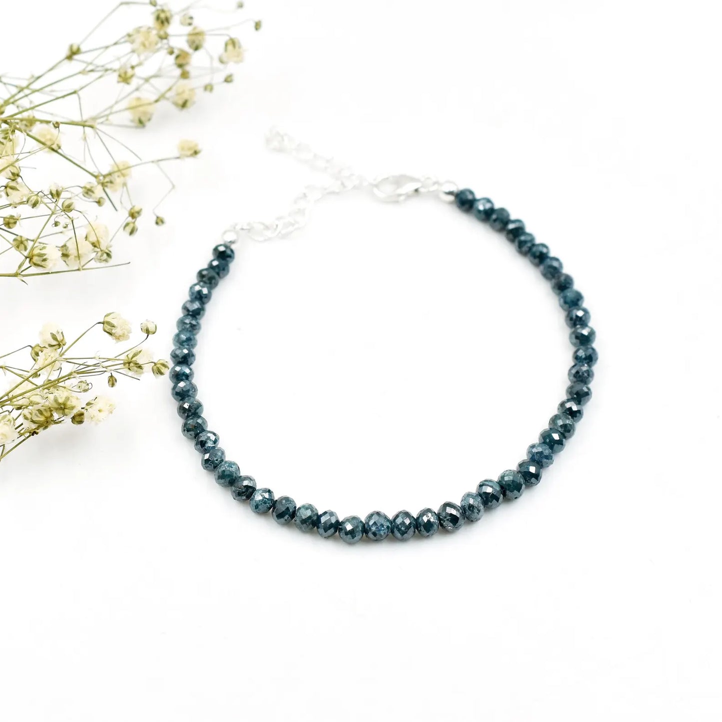 Blue Diamond Bracelet 3.5 - 4.5 mm Faceted Rondelle Diamond Beads 925 Sterling Silver Bracelet