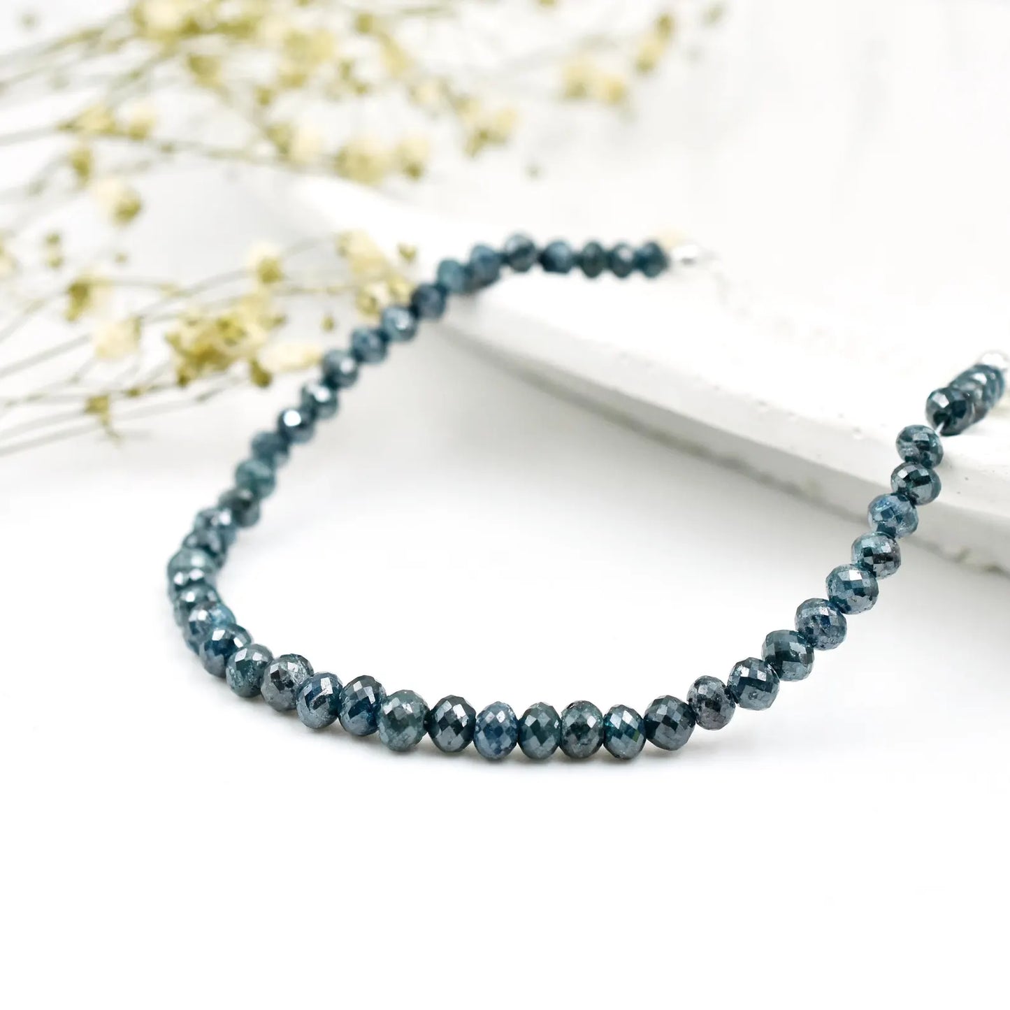 Blue Diamond Bracelet 3.5 - 4.5 mm Faceted Rondelle Diamond Beads 925 Sterling Silver Bracelet