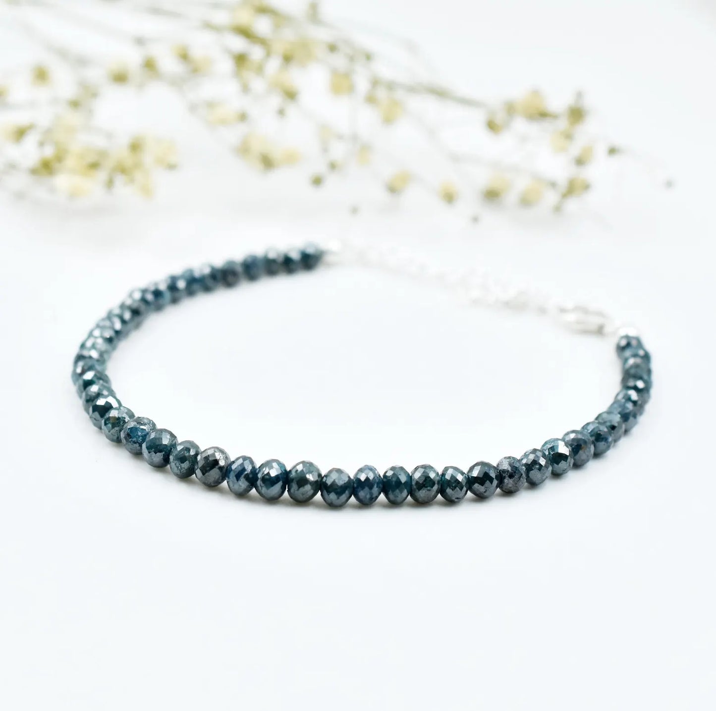 Blue Diamond Bracelet 3.5 - 4.5 mm Faceted Rondelle Diamond Beads 925 Sterling Silver Bracelet