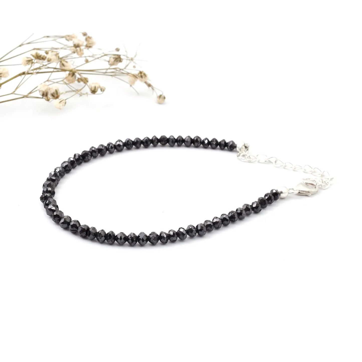 Black Diamond Bracelet 3 - 4MM Faceted Rondelle Diamond Beads Bracelet