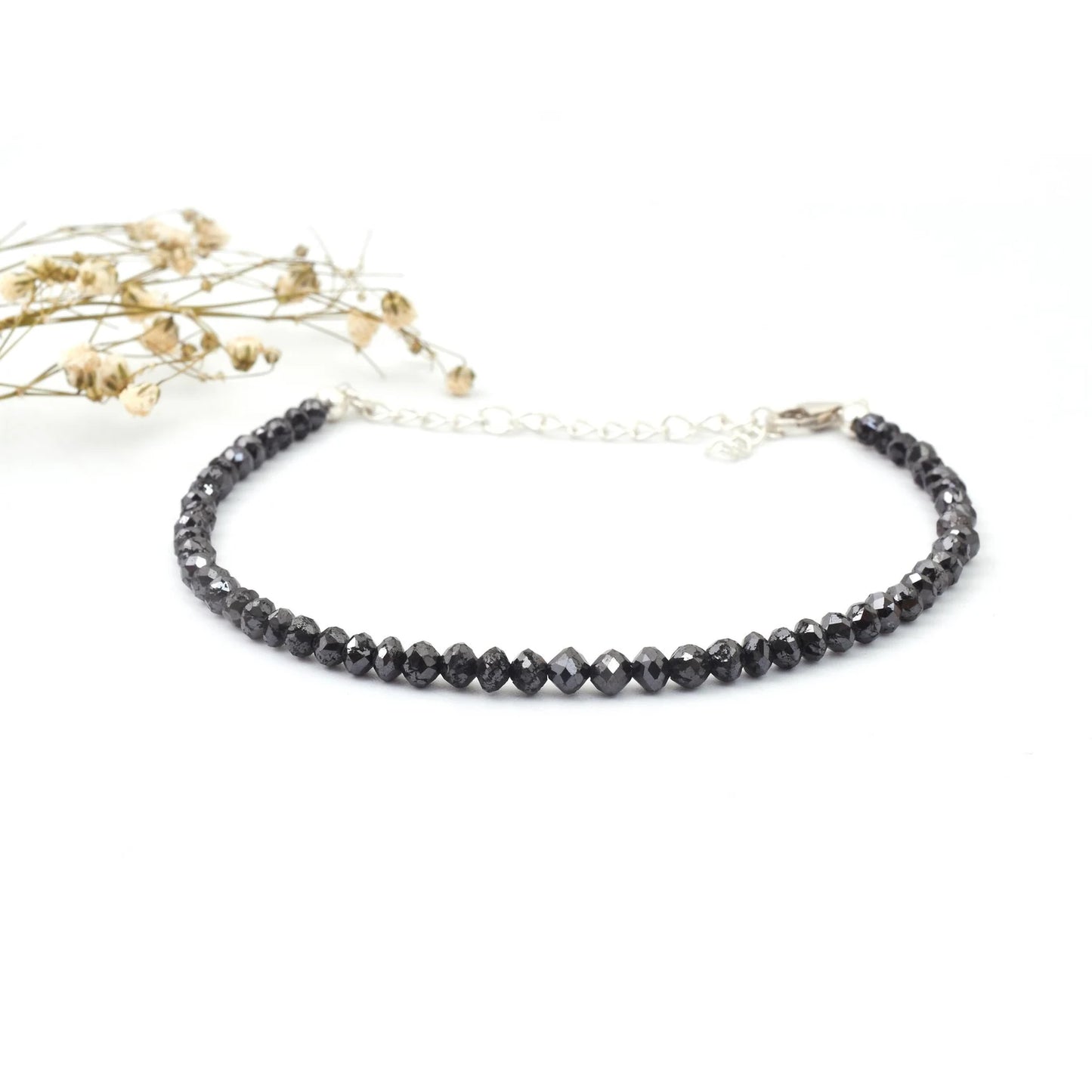 Black Diamond Bracelet 3 - 4MM Faceted Rondelle Diamond Beads Bracelet