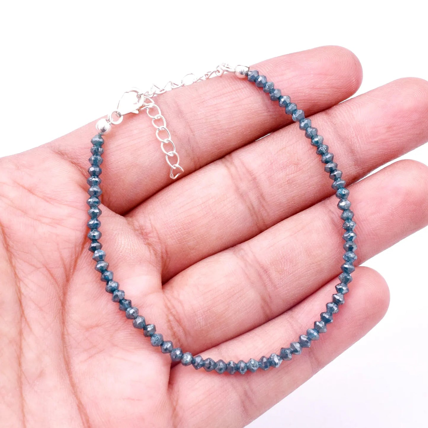 Blue Diamond Bracelet 3.1 - 3.3MM Faceted Rondelle Diamond Beaded Bracelet
