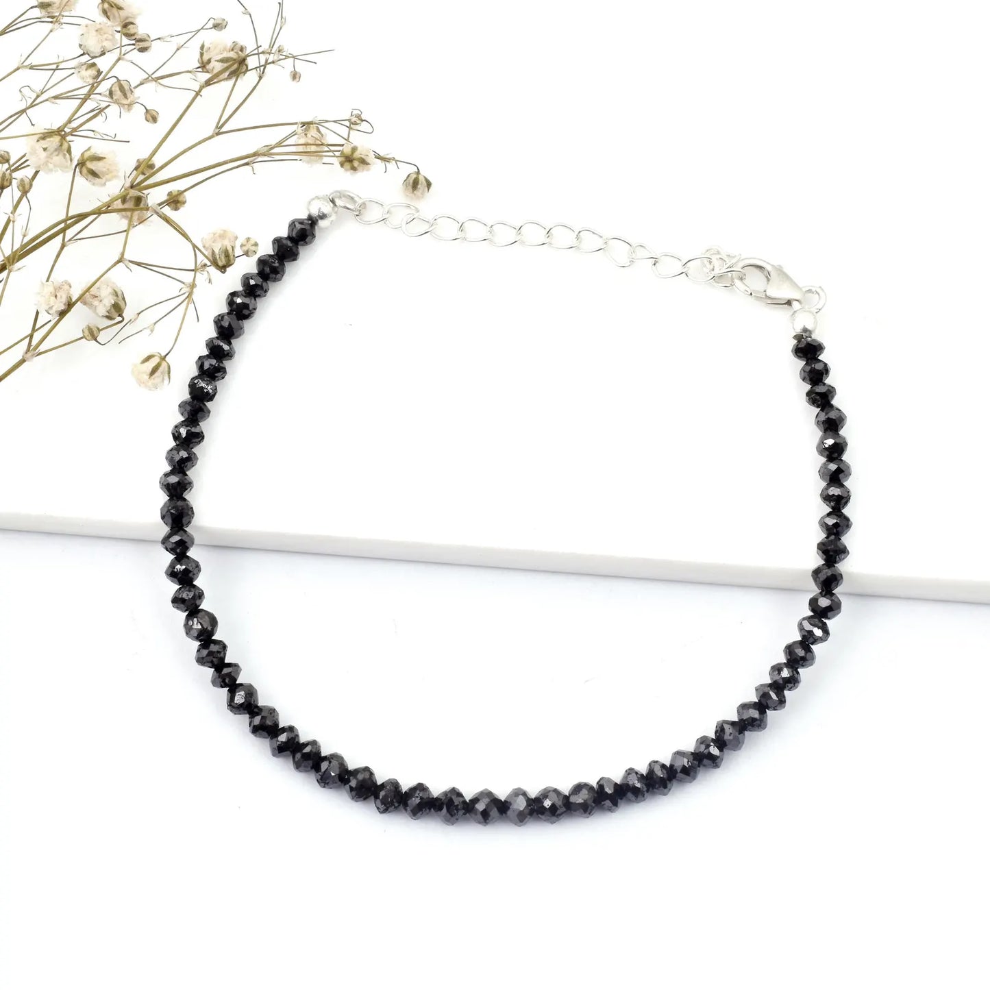 Black Diamond Bracelet 3 - 4MM Faceted Rondelle Diamond Beads Bracelet