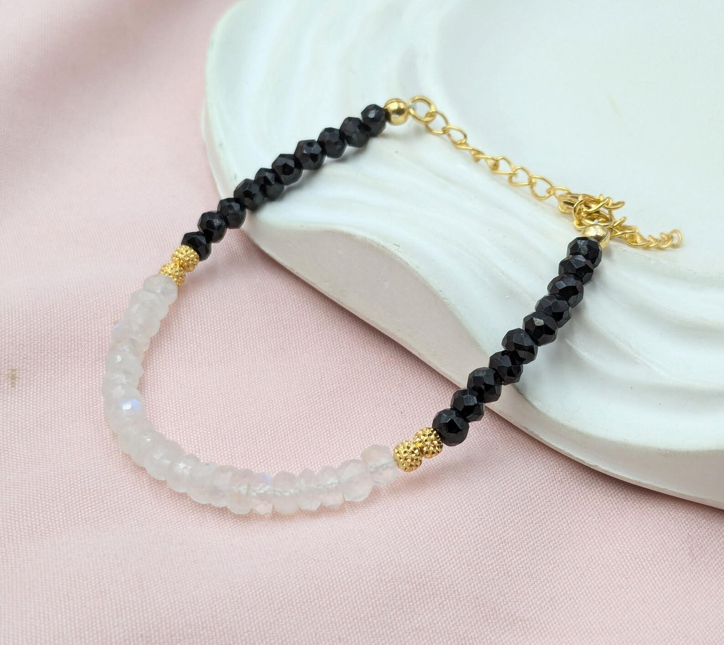 Black Spinel & Rainbow Moonstone Bracelet