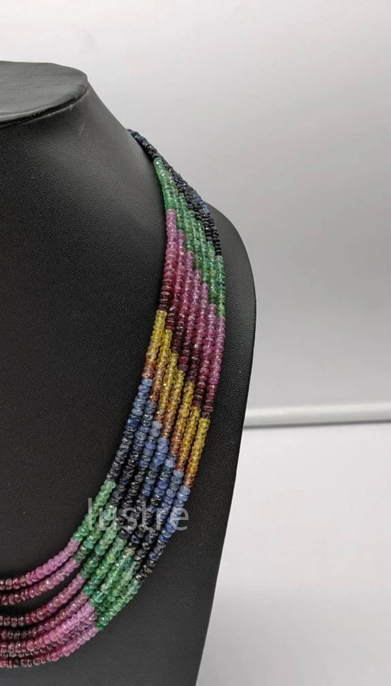 Elegant Multi Sapphire Necklace 3.5 - 4.5 mm Beaded 7 Layer Necklace