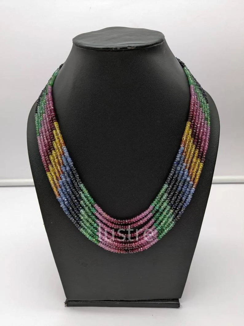 Elegant Multi Sapphire Necklace 3.5 - 4.5 mm Beaded 7 Layer Necklace