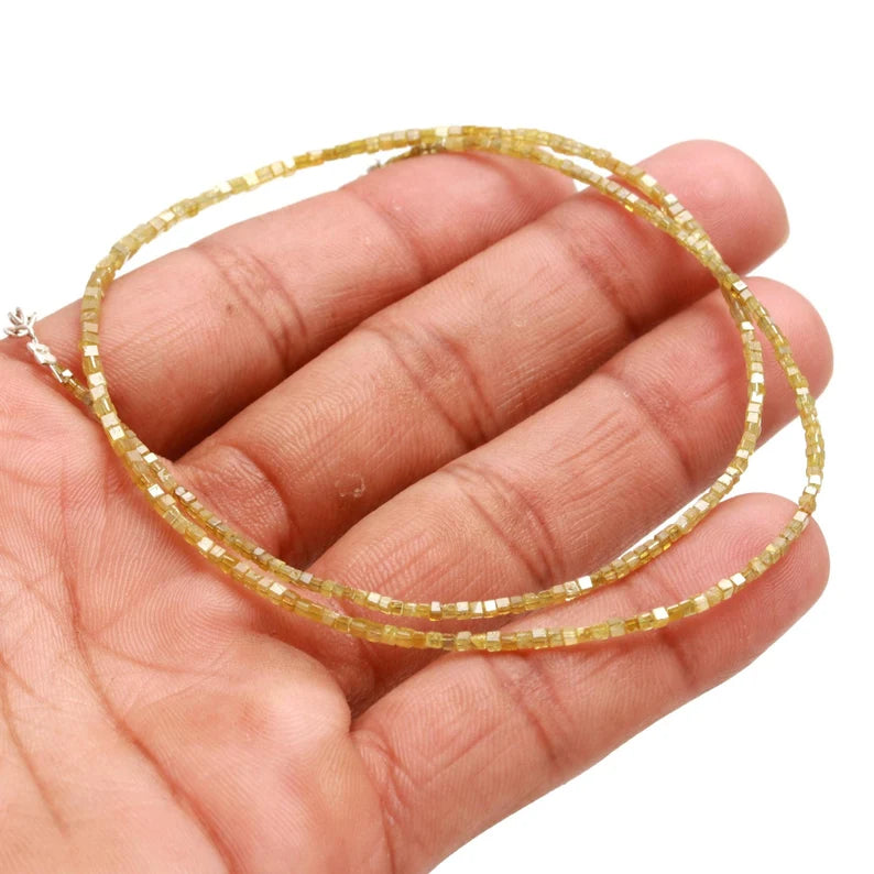 Natural Sparkling Yellow Diamond 1.5 - 2.5 mm Cube Faceted 16 Inches Necklace