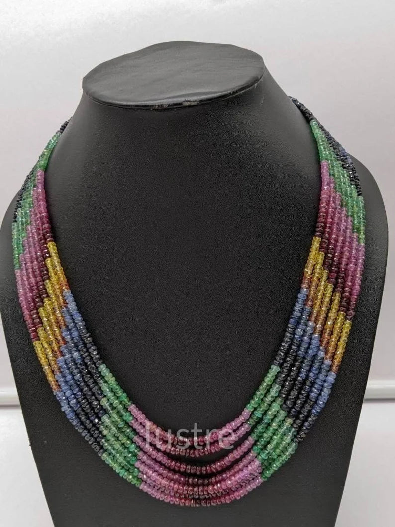 Elegant Multi Sapphire Necklace 3.5 - 4.5 mm Beaded  7 Layer Necklace