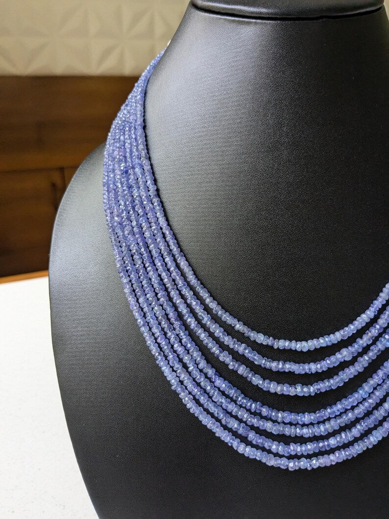Tanzanite 7 Layer Faceted Rondelle 3 - 4.5 mm Gemstone Beads 16 Inches Necklace
