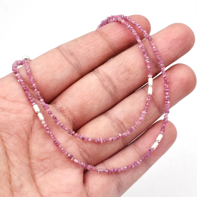 AAA+ Pink Uncut Diamond Necklace 2 - 3 mm