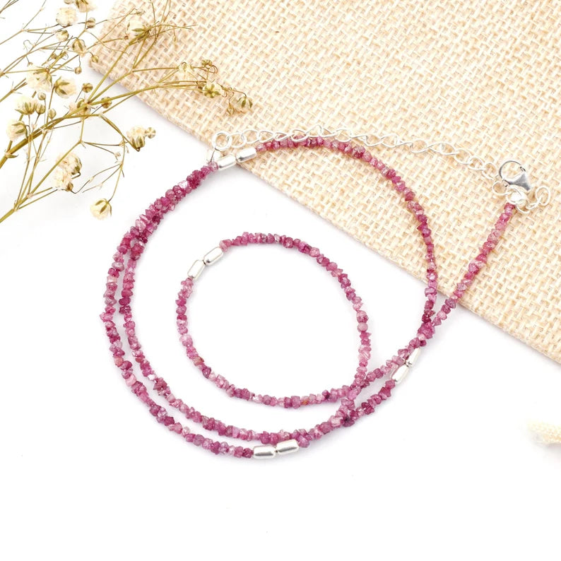 AAA+ Pink Uncut Diamond Necklace 2 - 3 mm