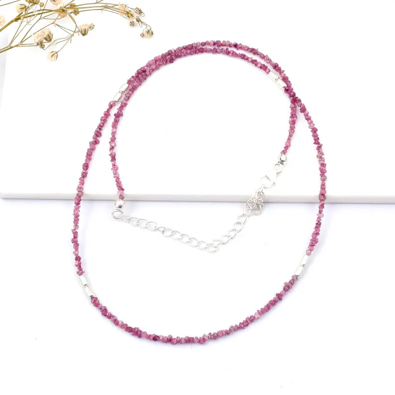 AAA+ Pink Uncut Diamond Necklace 2 - 3 mm