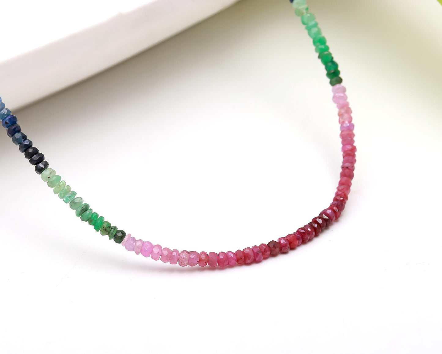 Multi Precious Faceted Beads 925 Sterling Silver Necklace