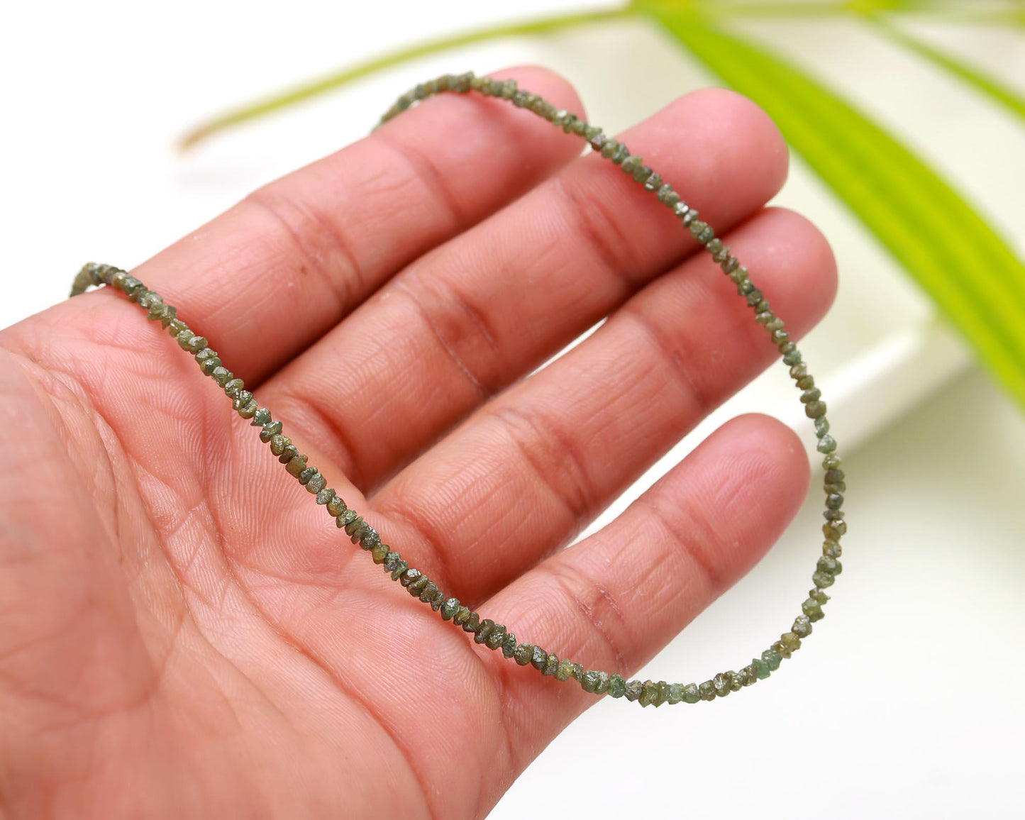 925 Sterling Silver Green Uncut 2 - 3 mm Diamond Nugget Bead Necklace