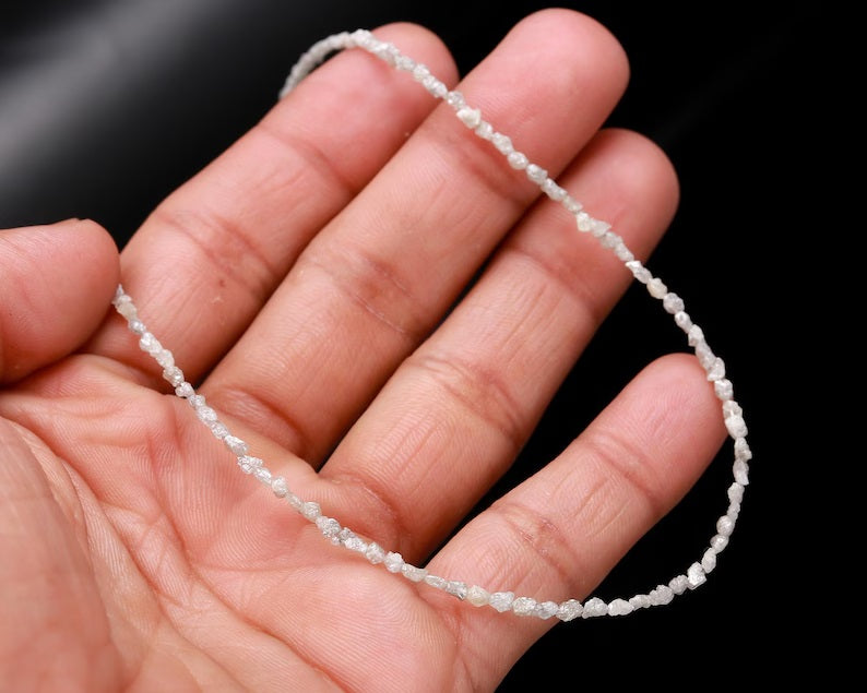 White Rough Diamond Silver Natural Raw Rough Tumble 2.5 x 4 mm Beads 16 Inches Necklace