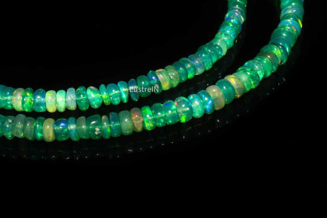 Green Ethiopian Opal Smooth Rondelle Beads Welo Fire Opal 3 - 5 mm Natural Ethiopian Opal Beads