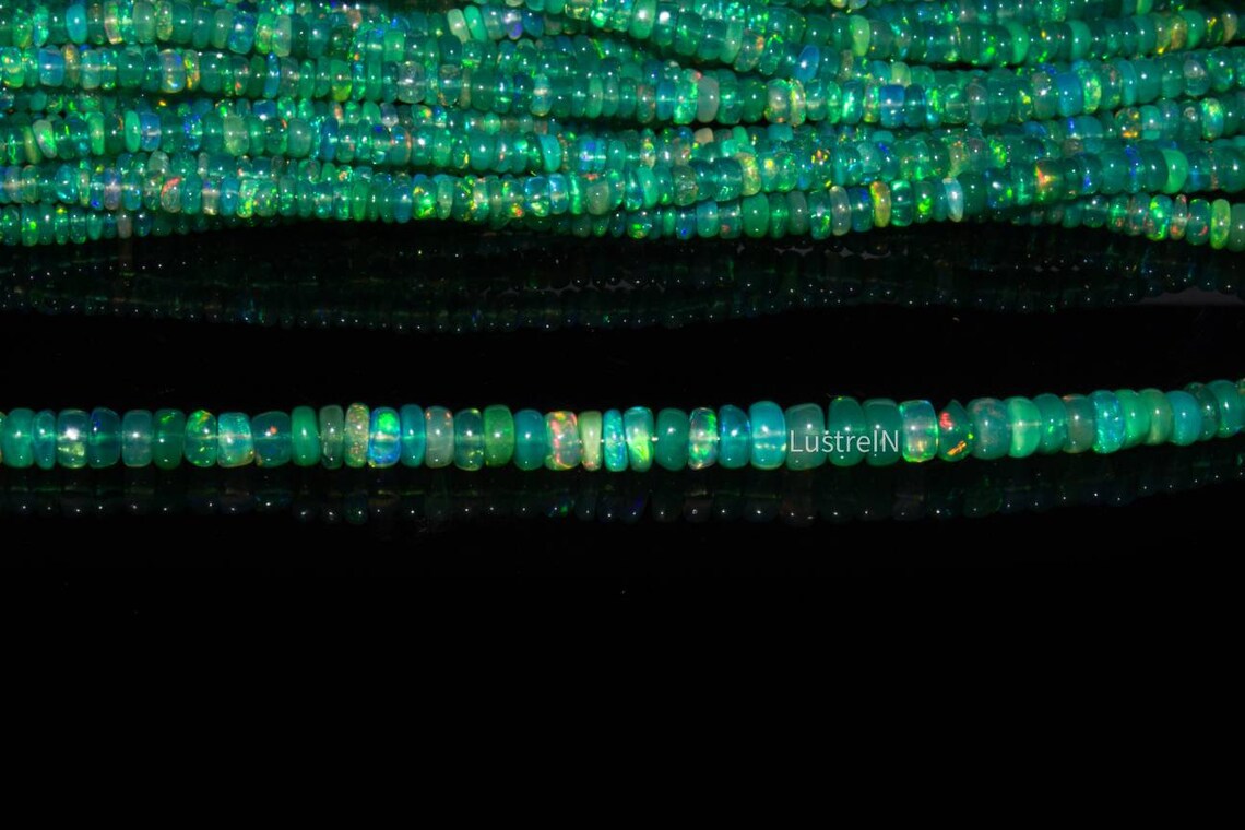 Green Ethiopian Opal Smooth Rondelle Beads Welo Fire Opal 3 - 5 mm Natural Ethiopian Opal Beads
