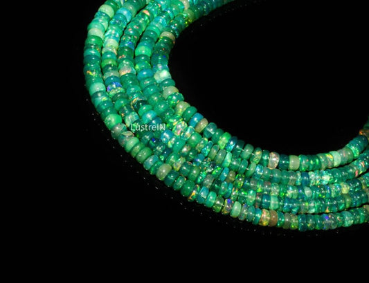 Green Ethiopian Opal Smooth Rondelle Beads Welo Fire Opal 3 - 5 mm Natural Ethiopian Opal Beads