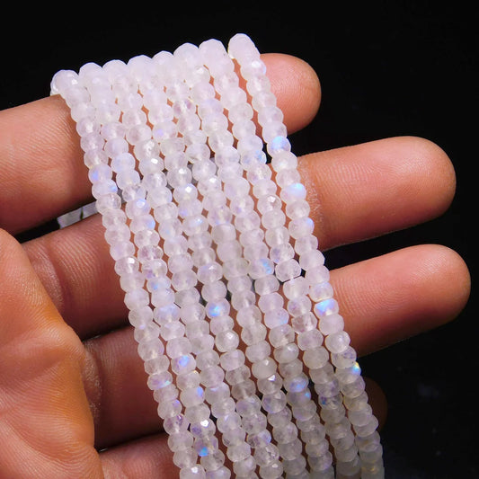 Rainbow Moonstone Faceted Rondelle 3.5 mm Natural Blue Flashy Strands For Jewelry