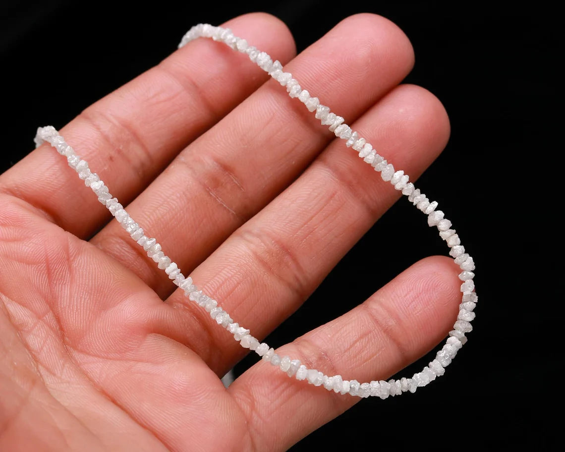 White Raw Rough Diamond Beads 2 - 3 mm Uncut Nugget Diamond 16 Inches Necklace