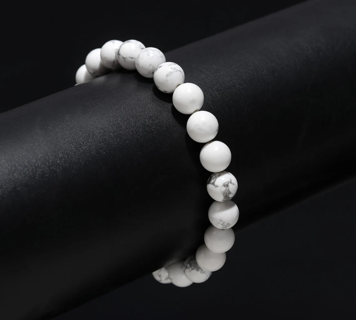 White Howlite Handmade 8 mm Healing Crystal 7 Inches Stretch Fit Bracelet