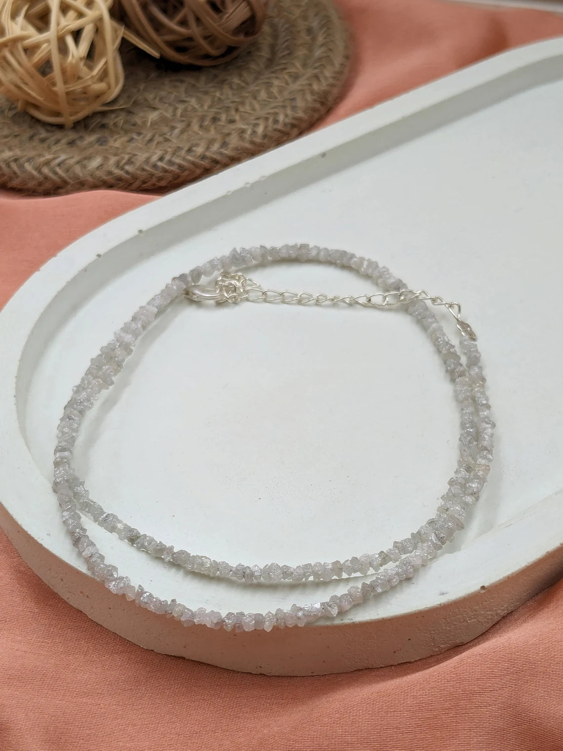 White Raw Rough Diamond Beads 2 - 3 mm Uncut Nugget Diamond 16 Inches Necklace