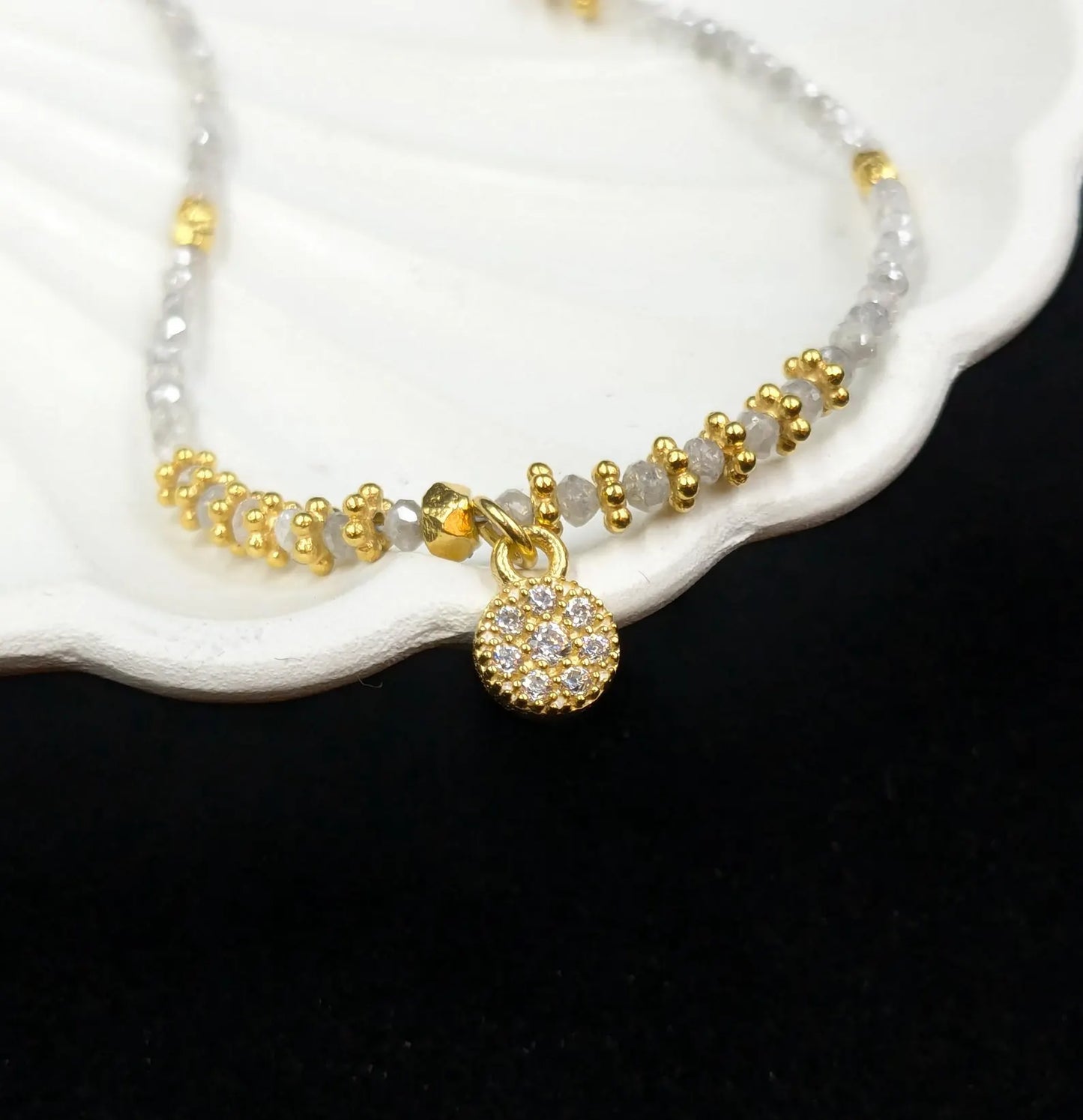 White Diamond Necklace 18k Gold Filled Beaded Necklace