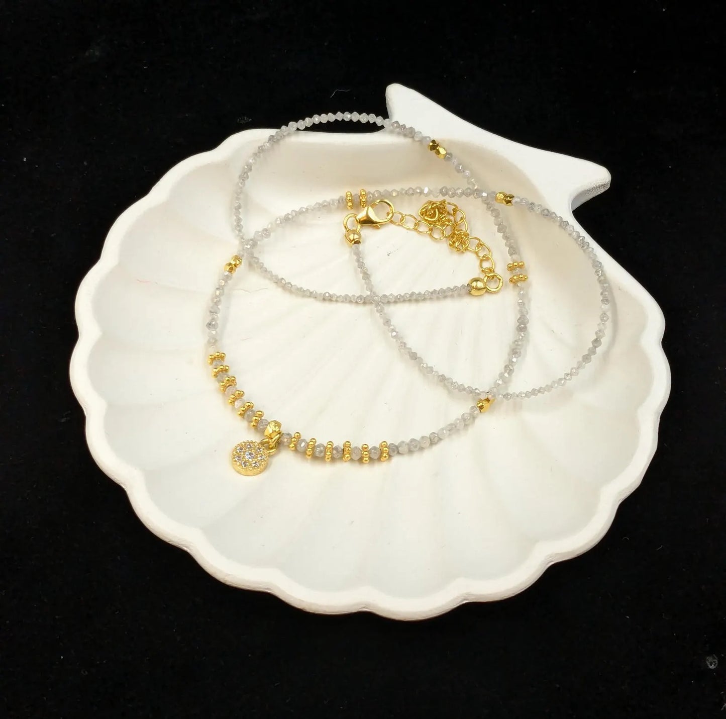 White Diamond Necklace 18k Gold Filled Beaded Necklace
