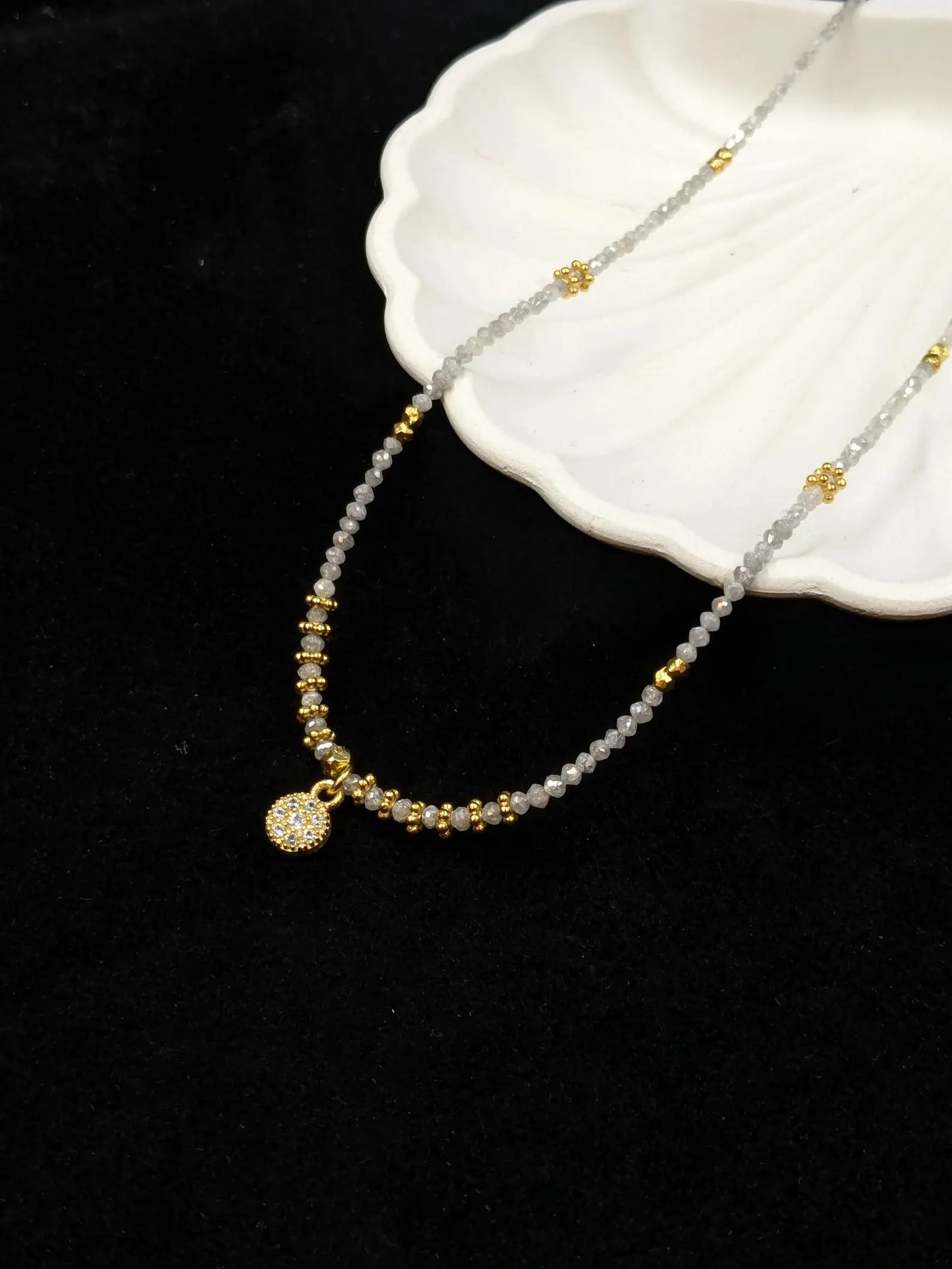 White Diamond Necklace 18k Gold Filled Beaded Necklace