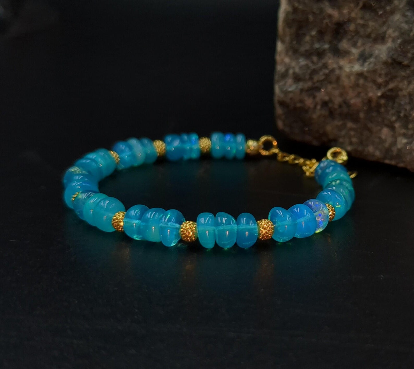 Ethiopian Blue Opal Bracelet 18K Gold Filled Handmade Jewelry