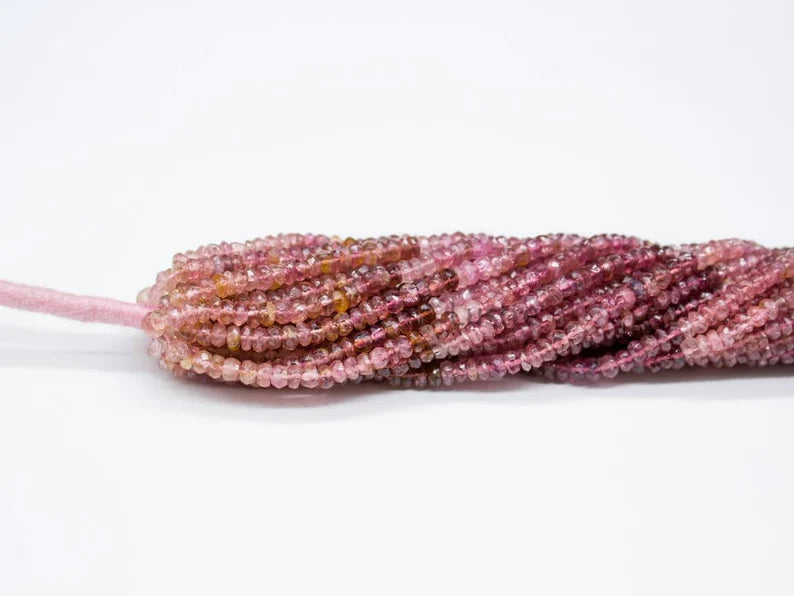 Pink Tourmaline Rondelle 3.5 - 4 mm Bead Natural Shaded Rubellite Strands For Jewelry Making