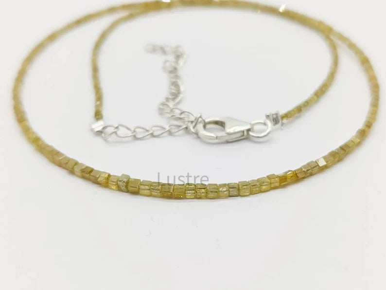 Natural Yellow Diamond Sparkling 2 - 3 mm Cube Beaded 16 Inches Necklace