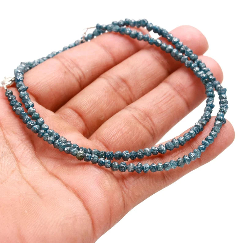 Blue Diamond Natural Blue Raw Rough  3.5 - 4.5 mm Beaded 16 Inches Necklace