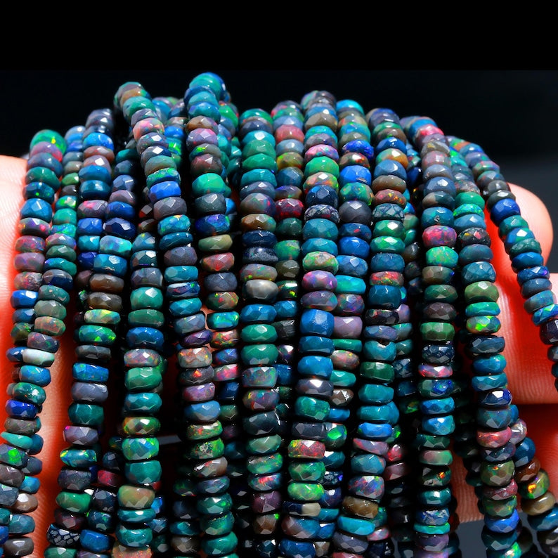 Black Ethiopian Opal Faceted Rondelle 4 - 6 mm Ethiopia strands fire opal beads