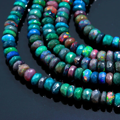 Black Ethiopian Opal Faceted Rondelle 4 - 6 mm Ethiopia strands fire opal beads