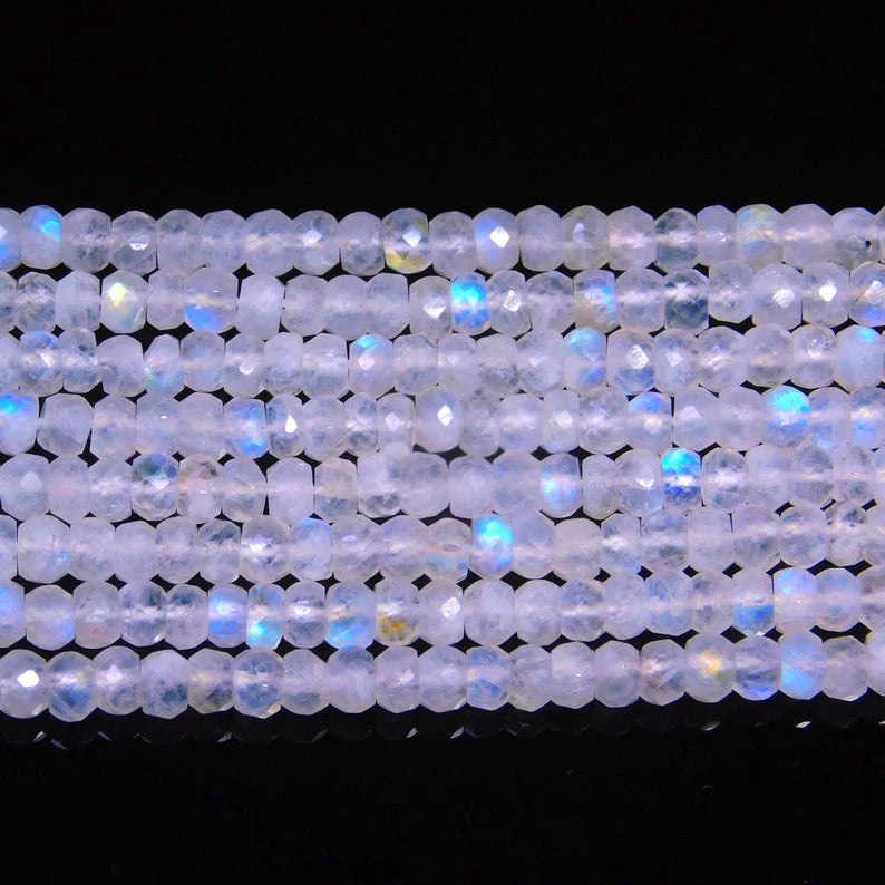 Rainbow Moonstone Faceted Rondelle 3.5 mm Natural Blue Flashy Strands For Jewelry