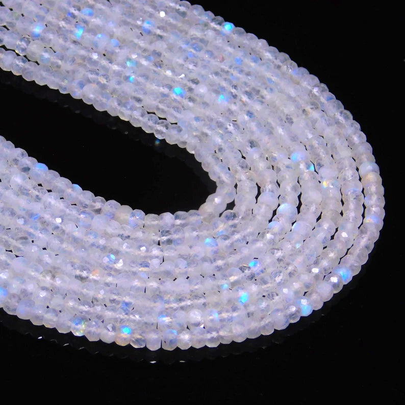 Rainbow Moonstone Faceted Rondelle 3.5 mm Natural Blue Flashy Strands For Jewelry