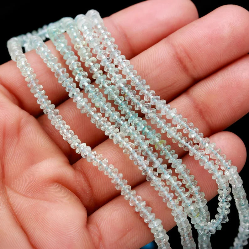 Blue Aquamarine Faceted Rondelle Beads 3.5 mm 100% Natural Strands For Jewelry Making