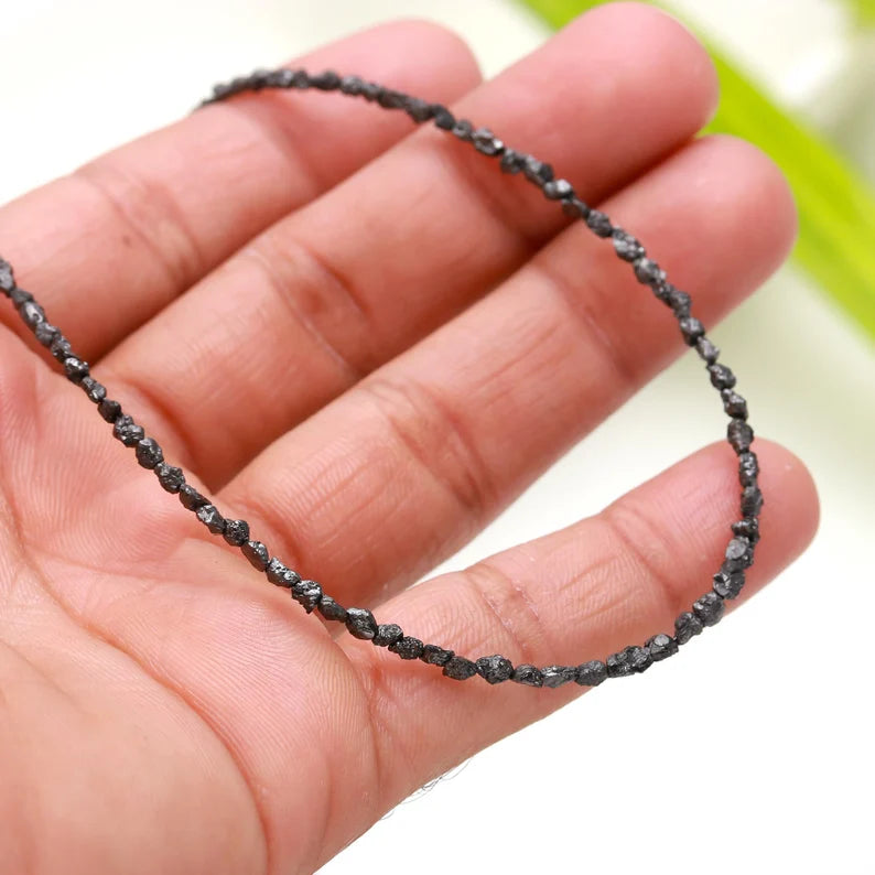Black Uncut Diamond 2 - 3 mm  Bead Black Raw Rough 16 Inches Necklace