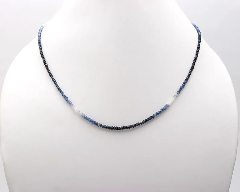 Blue Sapphire  Faceted Rondelle Beads 3 - 3.5 mm Shaded 16 Inches Necklace