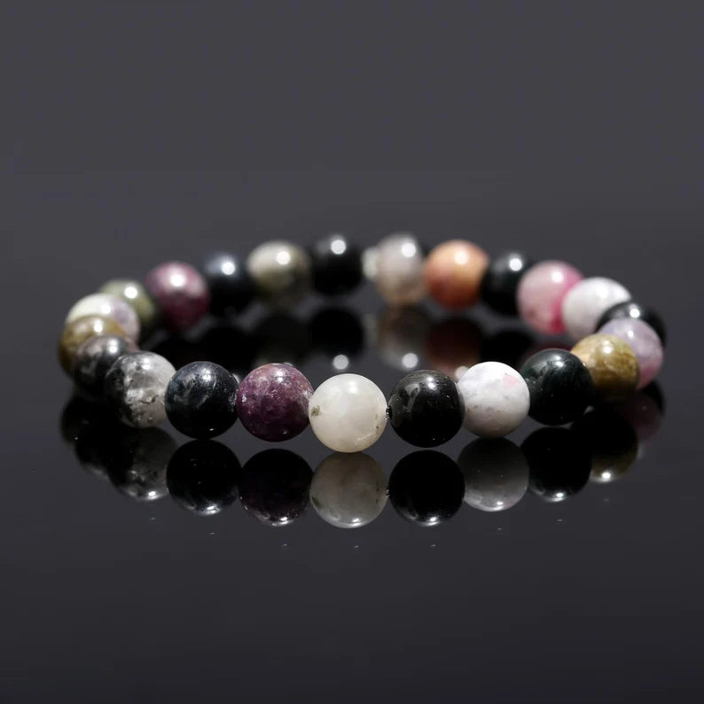 100% Natural Multi Tourmaline Stone 8 mm Beaded Tourmaline 7 Inches Bracelet