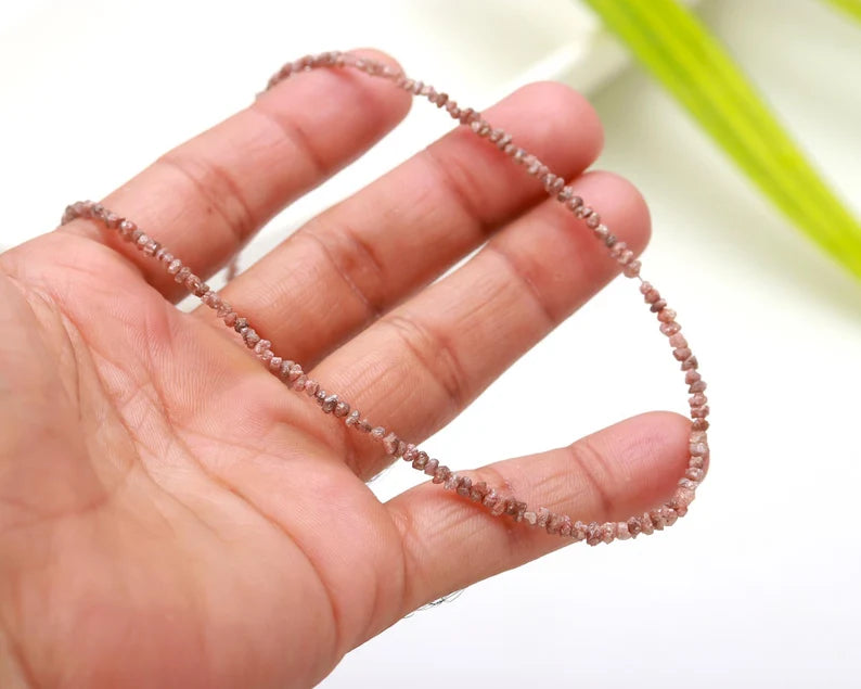 100% Natural Light Pink Rough Diamond  2 - 3 mm Raw Bead 16 Inches Necklace
