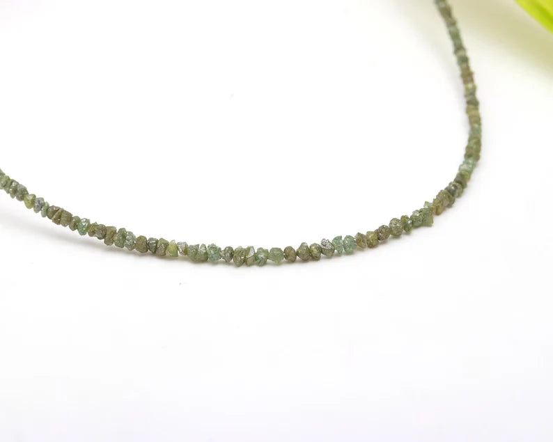 Green Diamond Raw Rough 2 - 3 mm Beaded Uncut Nuggets 16 Inches Necklace