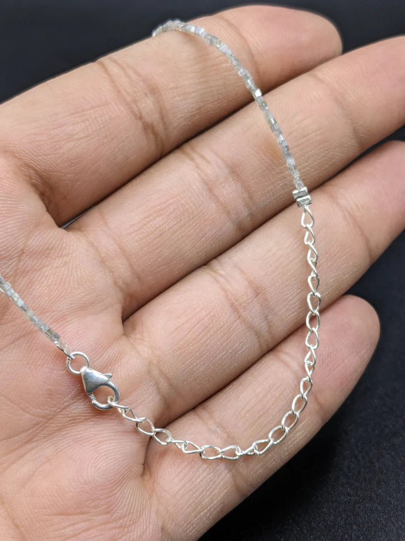 White Diamond Tube Silver Necklace 1.5 - 2.5 mm Faceted Sparkling 16 Inches Necklace