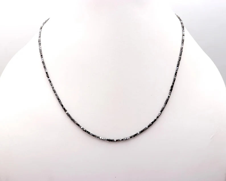 Black Diamond 925 Silver Fancy Faceted 1.5 - 2.5 mm Cube Beaded 16 Inches Necklace