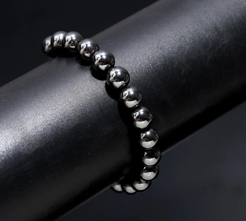 Grey Hematite Smooth Round Hematite 8 mm Bead 7 Inches Grounding Crystal Bracelet