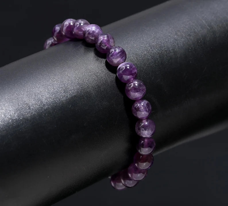 100% Natural Amethyst Bead Bracelet 8 mm Round Beaded 7 Inches Bracelet