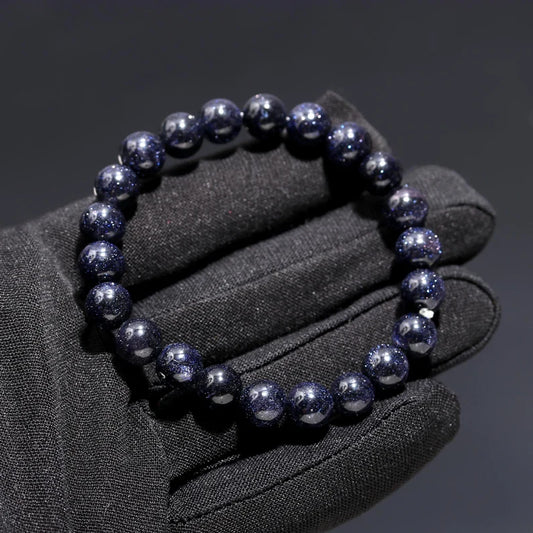 Blue Sunstone Galaxy Smooth Beaded 100%Round 7 Inches Bracelet