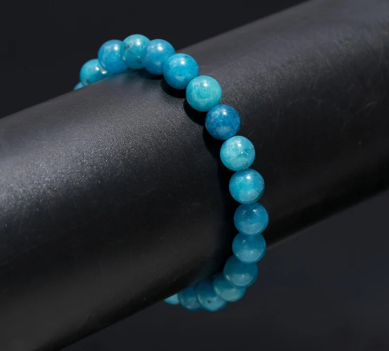 Blue Apatite Smooth Round Beaded Bracelet 8 mm Smooth Round 7 Inches Bracelet